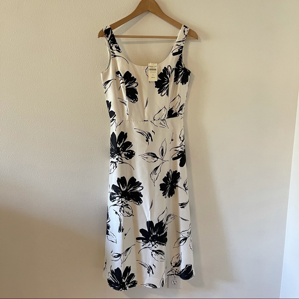 Coldwater Creek Floral Shantung Ivory Black Watercolor A-Line Midi Dress NWT-6